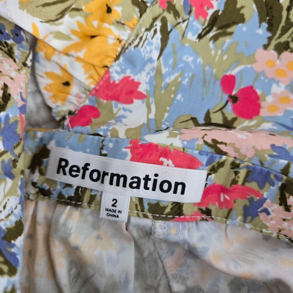 Reformation Reina Floral Ruffle V-Neck Open Back Midi Dress Multi-Color Size 2 - Picture 3 of 8